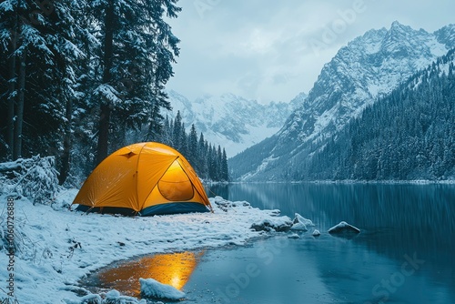 A Yellow Tent by a Snowy Mountain Lake at Dusk