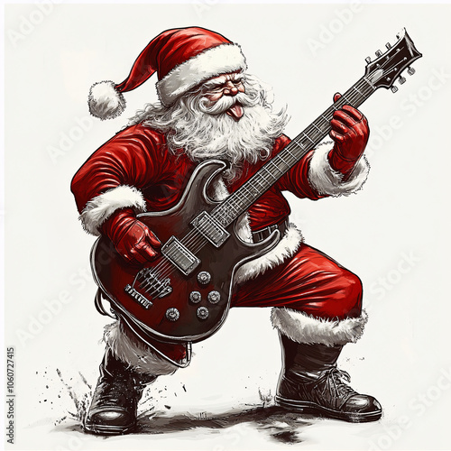 Rock 'n' Roll Santa: The jolly gift-giver transforms into a rock star, wielding an electric guitar with passion, his traditional red suit meeting modern musical flair in a dynamic pose of holiday cele