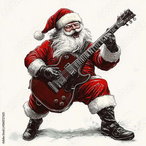 Rock 'n' Roll Santa: The jolly gift-giver transforms into a rock star, wielding an electric guitar with passion, his traditional red suit meeting modern musical flair in a dynamic pose of holiday cele