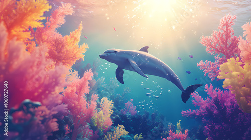 Vibrant underwater scene featuring a dolphin and sea turtle amidst colorful coral reefs and diverse marine life bathed in sunlight. Underwater Coral Garden. Illustration photo