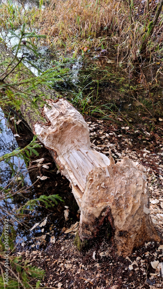 Fallen aspen. A thick aspen trunk, gnawed by a beaver, lies in the water. Selective focus Fallen aspen. A thick aspen trunk, gnawed by a beaver, lies in the water. Selective focus