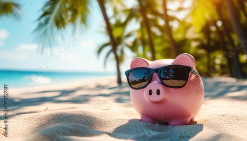 Charming piggy bank in sunglasses relaxing on the sandy beach under the sun