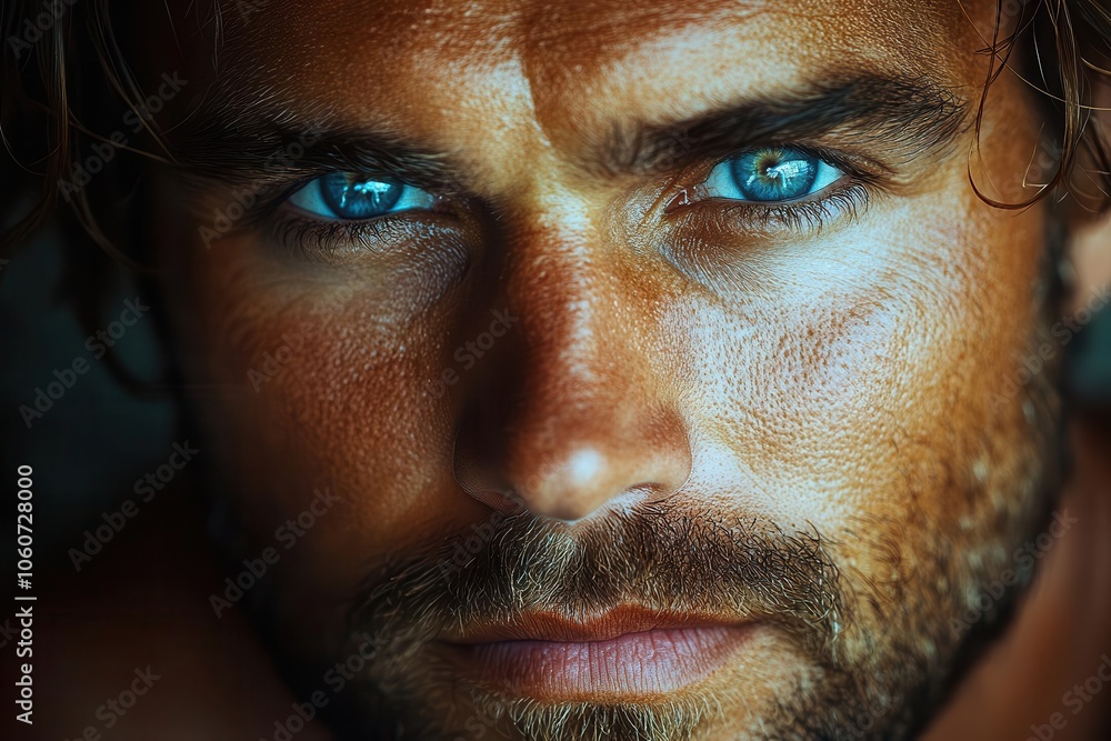closeup portrait of a man with striking blue eyes capturing his confident expression and unique features against a softly blurred backdrop conveying depth and emotion closeup portrait of a man with striking blue eyes capturing his confident expression and unique features against a softly blurred backdrop conveying depth and emotion