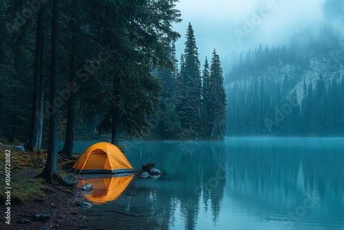 A Lone Tent by a Misty Lake in a Forest