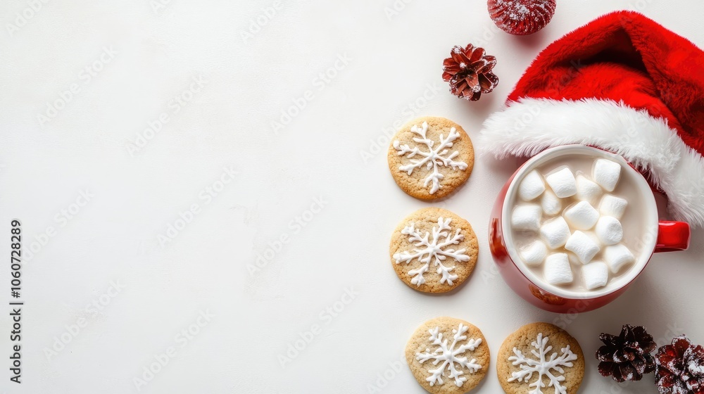 Top view Christmas composition with cookies, hot cocoa with marshmallow, Santa hat Top view Christmas composition with cookies, hot cocoa with marshmallow, Santa hat