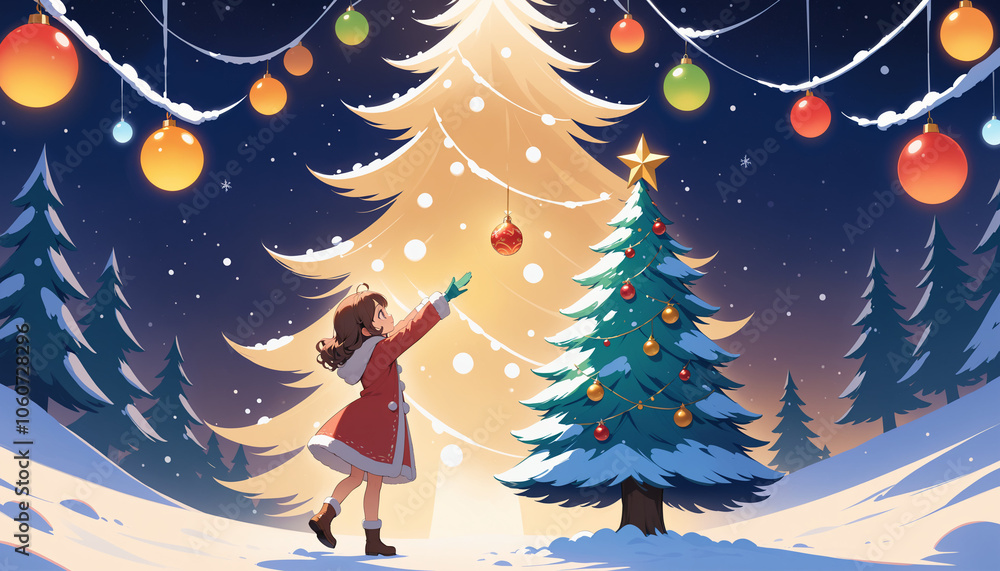 Naklejka premium Magical Moment of Decorating Christmas Tree at Night