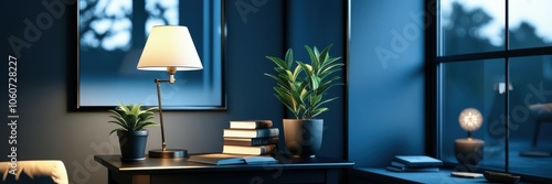 night scene, home office desk, desk lamp, warm light, succulent plant, laptop, palm trees silhouette, window view, blue hour, cozy atmosphere, minimalist workspace, productivity setup, modern interior