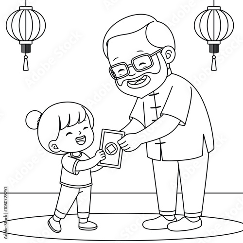 Child happily receiving red envelopes from grandpa outline coloring page. China lunar new year colouring page for kids