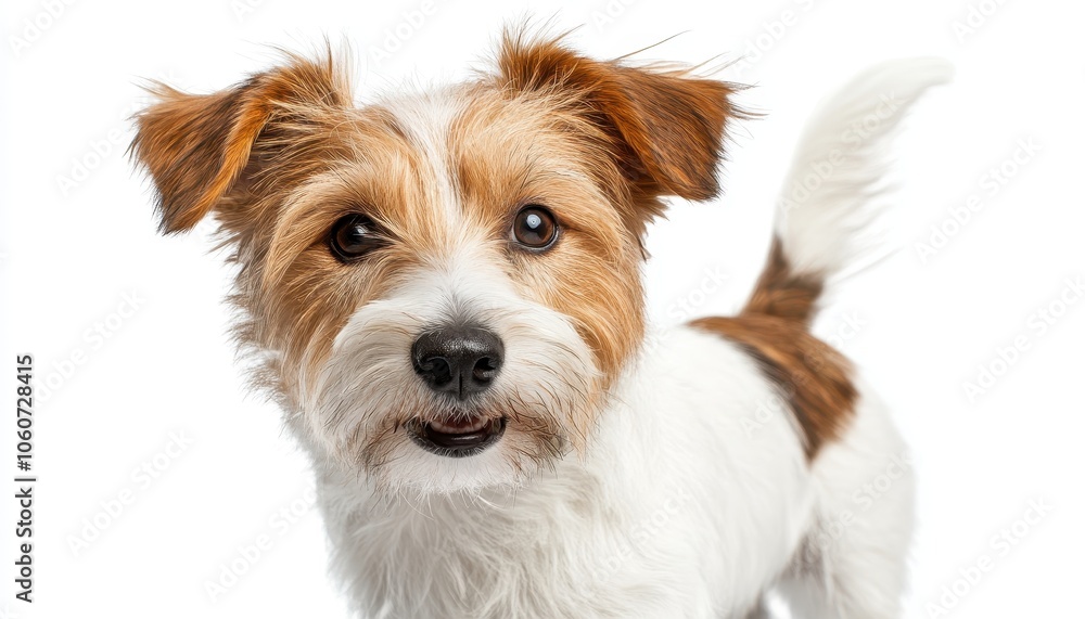 Playful dog joyfully wagging its tail against a simple white backdrop Playful dog joyfully wagging its tail against a simple white backdrop