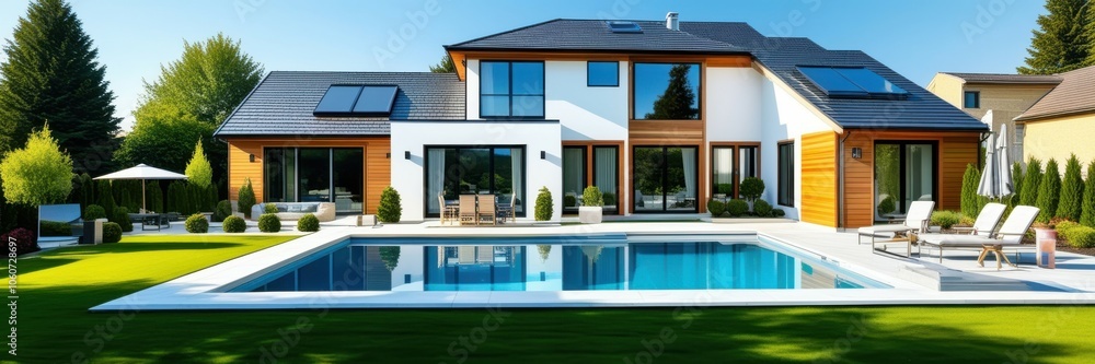 Modern luxury villa, swimming pool, contemporary architecture, landscaped garden, large windows, wood accents, outdoor living space, sunny day, blue sky, tranquil setting, high-end real estate, panora Modern luxury villa, swimming pool, contemporary architecture, landscaped garden, large windows, wood accents, outdoor living space, sunny day, blue sky, tranquil setting, high-end real estate, panora