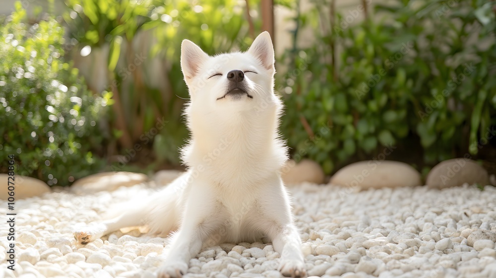 mindful dog, closed eye and sits peacefully in a zen garden mindful dog, closed eye and sits peacefully in a zen garden