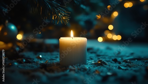 A white Christmas candle glows softly beside a decorated Christmas tree