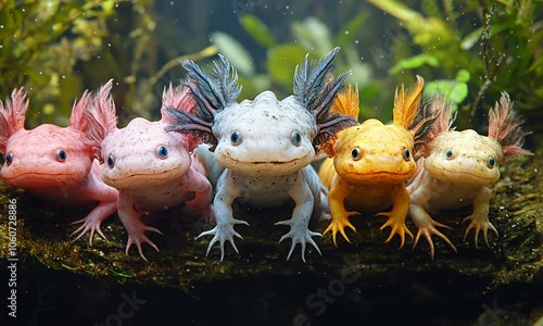 A group of colorful axolotls underwater in a natural setting. photo