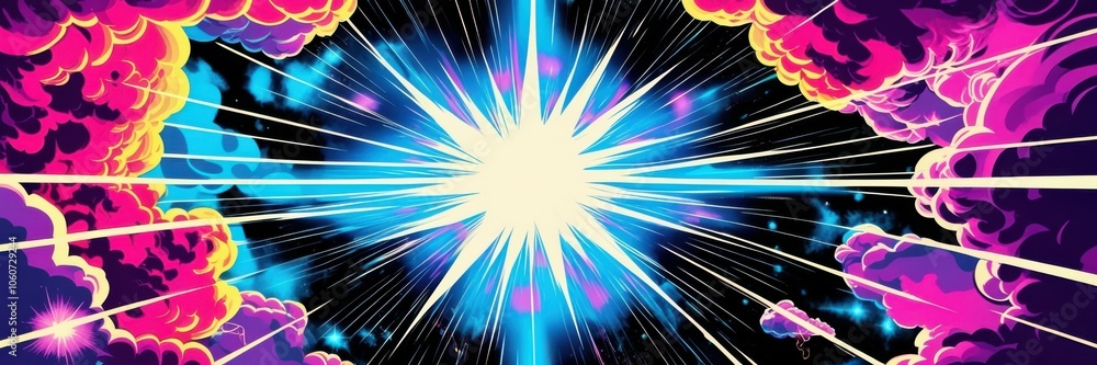 Obraz premium Cosmic explosion, vibrant neon colors, starburst, swirling galaxies, psychedelic space scene, abstract celestial artwork, dynamic energy burst, colorful nebulae, retro sci-fi aesthetic, pink and purpl