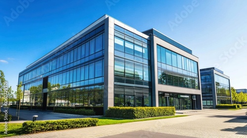 Modern Office Building With Large Windows Under a Clear Blue Sky. Generative AI