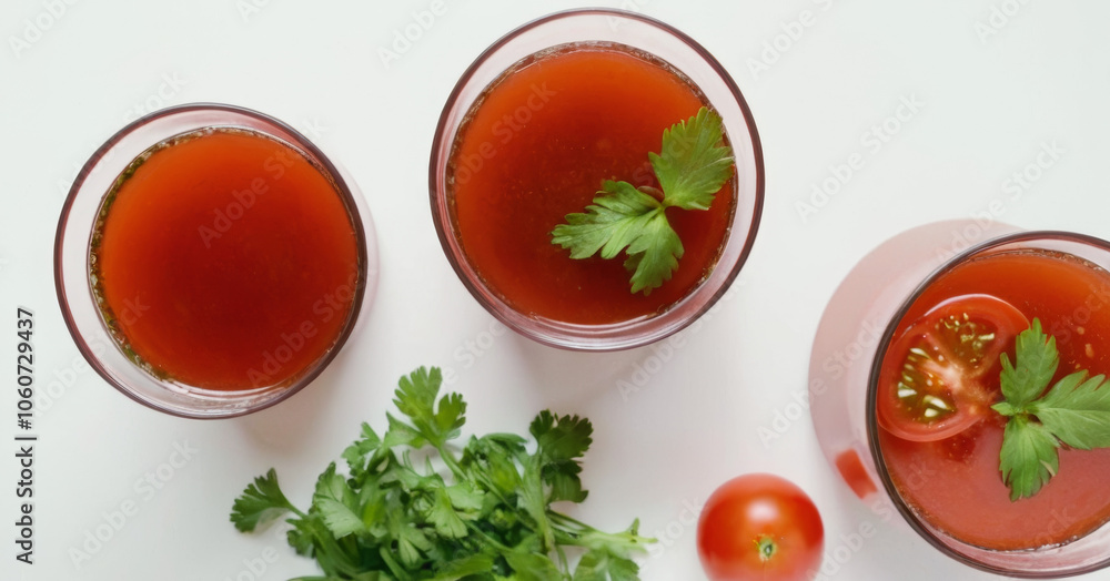 Glasses with tomato juice, tomatoes and cilantro on a white background, top view with space for text Glasses with tomato juice, tomatoes and cilantro on a white background, top view with space for text