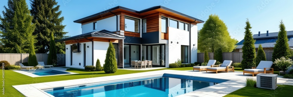 Modern luxury villa, swimming pool, contemporary architecture, landscaped garden, large windows, wood accents, outdoor living space, sunny day, blue sky, tranquil setting, high-end real estate, panora Modern luxury villa, swimming pool, contemporary architecture, landscaped garden, large windows, wood accents, outdoor living space, sunny day, blue sky, tranquil setting, high-end real estate, panora