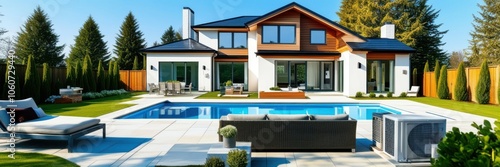 Wallpaper Mural Modern luxury villa, swimming pool, contemporary architecture, landscaped garden, large windows, wood accents, outdoor living space, sunny day, blue sky, tranquil setting, high-end real estate, panora Torontodigital.ca