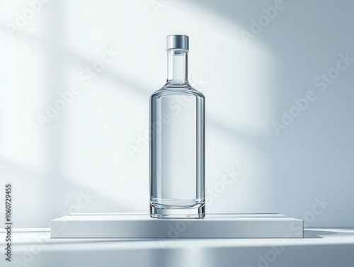 Clear Glass Bottle Mockup on White Platform.