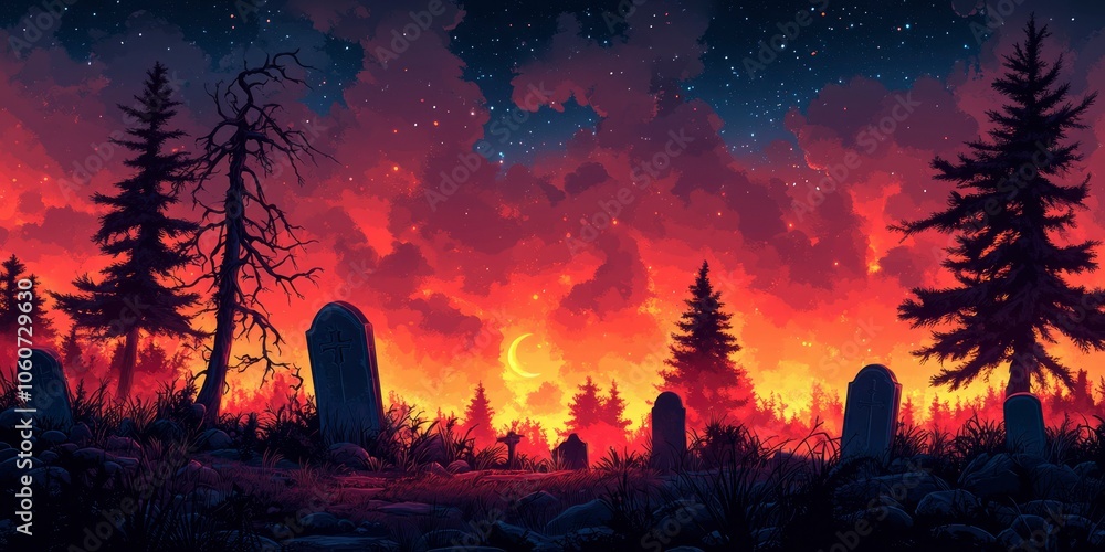 Graveyard Silhouettes Against a Red Sunset and Starry Night Sky Graveyard Silhouettes Against a Red Sunset and Starry Night Sky