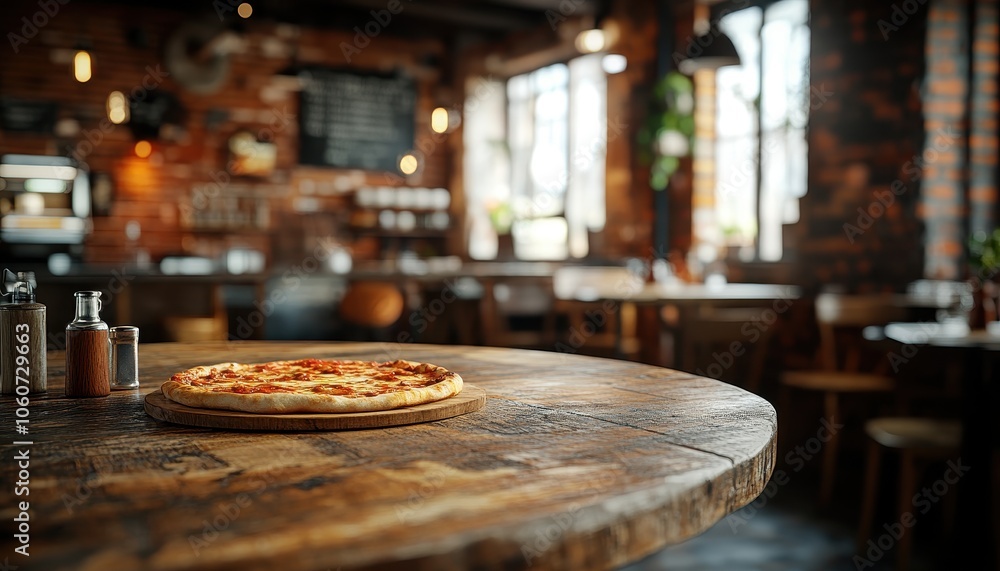 Wooden table displaying freshly baked pizza in a cozy rustic dining restaurant Wooden table displaying freshly baked pizza in a cozy rustic dining restaurant