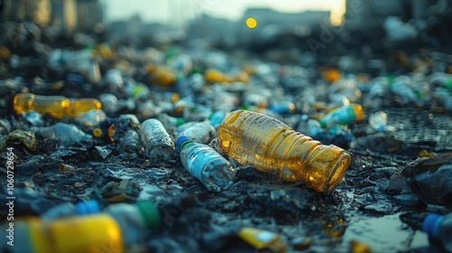 closeup view of a cluttered garbage dump filled with plastic bottles cups and other recyclables highlighting the pressing issue of waste management and environmental concern