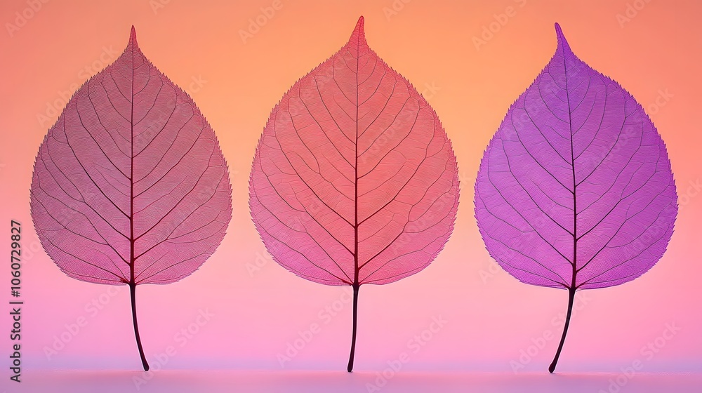 Obraz premium Three translucent leaves in gradient colors against a soft background.