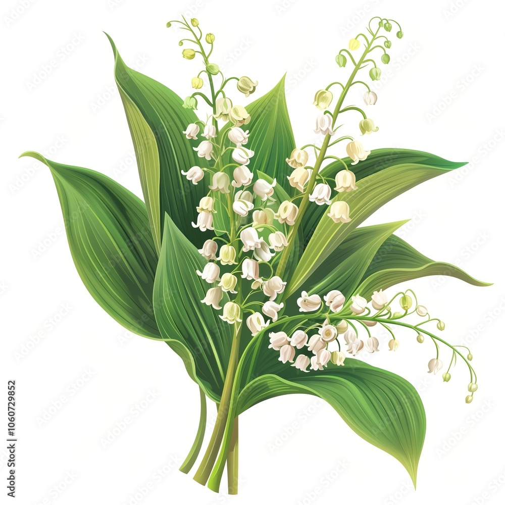 Obraz premium Bouquet of lily of the valley flowers and leaves isolated on white background