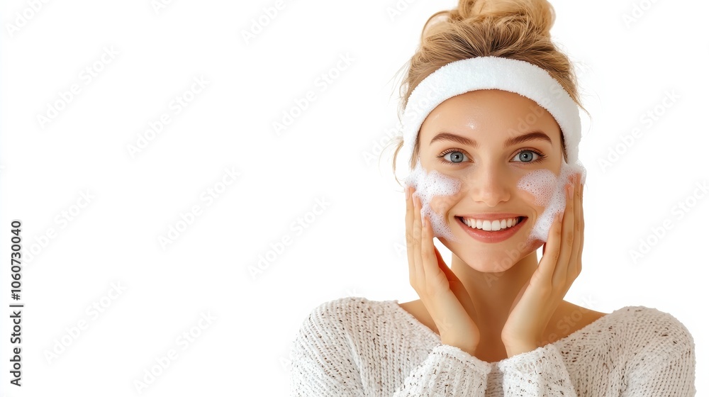 Cheerful Woman Applying Cleansing Foam to Her Face at Home. Generative AI Cheerful Woman Applying Cleansing Foam to Her Face at Home. Generative AI