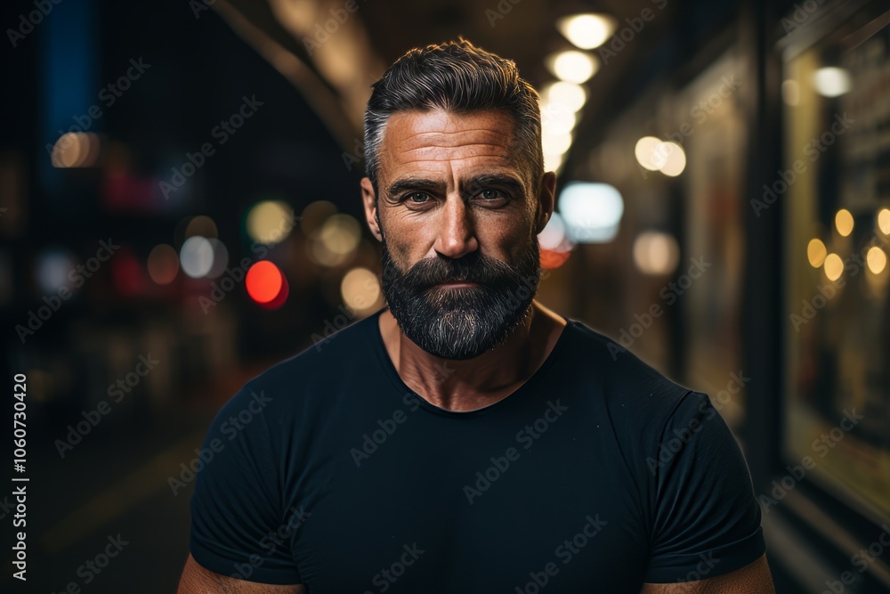 Portrait of handsome bearded man in the city at night time. Portrait of handsome bearded man in the city at night time.