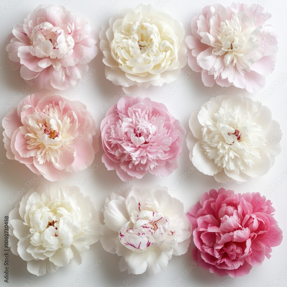 Assorted white and pink peony flower heads arranged on a light background Assorted white and pink peony flower heads arranged on a light background