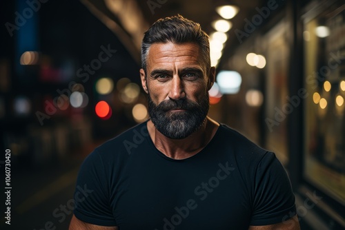 Portrait of handsome bearded man in the city at night time.