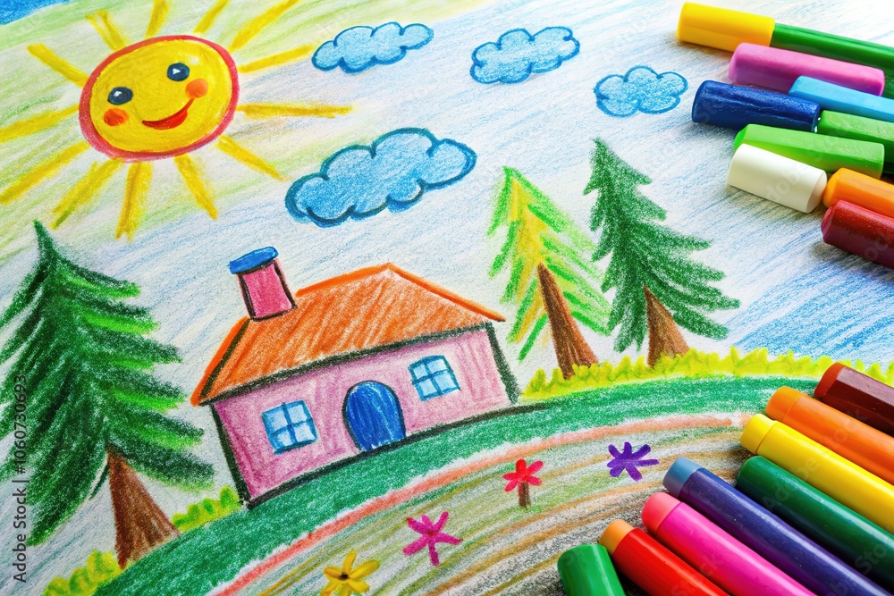 Fototapeta premium This dynamic chalk drawing by children on white paper highlights their imagination and creativity, filled with color and whimsical designs that bring dreams to life.