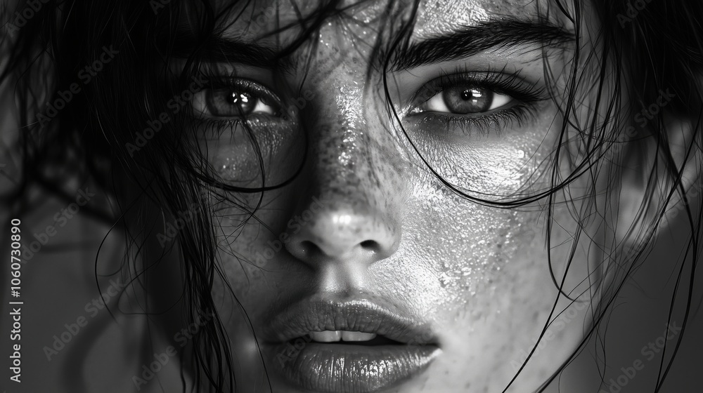 Intense black and white portrait of a woman with wet skin and freckles Intense black and white portrait of a woman with wet skin and freckles