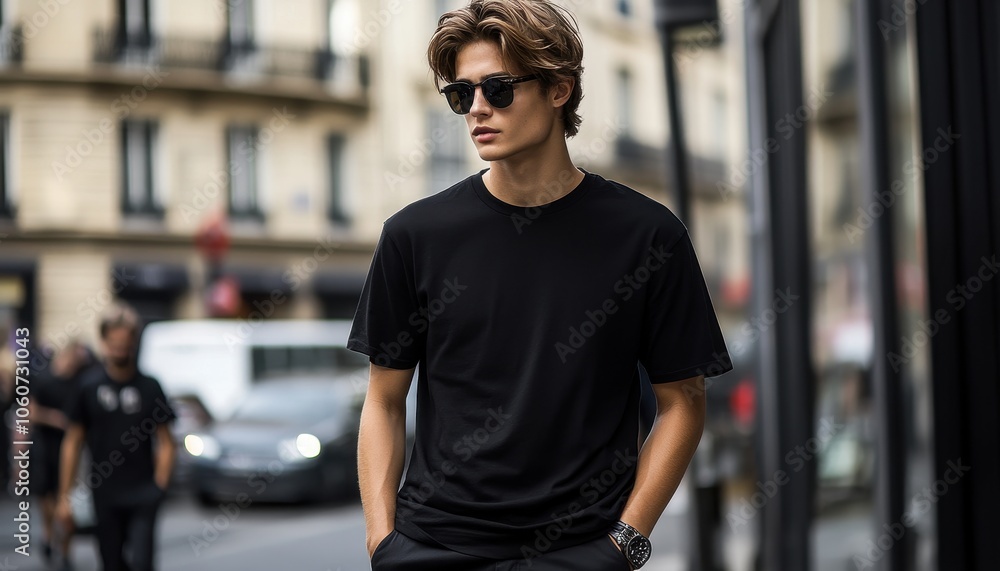 Male model in a black T-shirt walks through a busy city street Male model in a black T-shirt walks through a busy city street