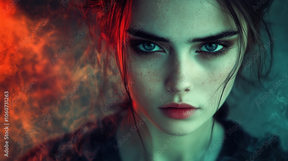 Intense woman staring with fiery red and blue background Intense woman staring with fiery red and blue background