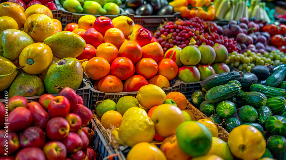 Fresh Fruit and Vegetable Market: A vibrant market display featuring a wide variety of fresh fruits and vegetables, emphasizing the freshness and diversity of organic produce.