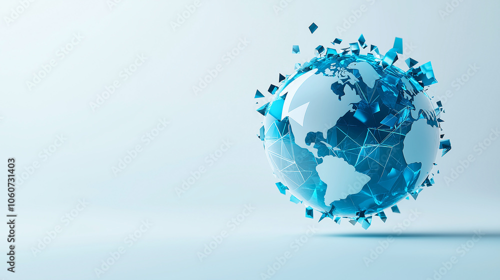digital representation of Earth with transparent, geometric design, showcasing modern and abstract style. globe is surrounded by blue shards, symbolizing connectivity and technology digital representation of Earth with transparent, geometric design, showcasing modern and abstract style. globe is surrounded by blue shards, symbolizing connectivity and technology