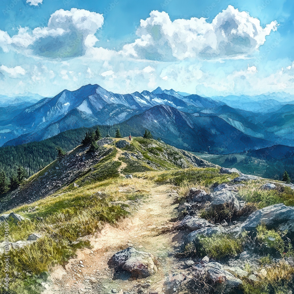 Breathtaking mountain view with clouds and a winding path through lush greenery. Breathtaking mountain view with clouds and a winding path through lush greenery.