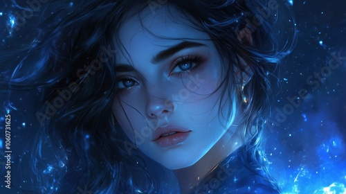 Mysterious woman with blue eyes in a starry night photo