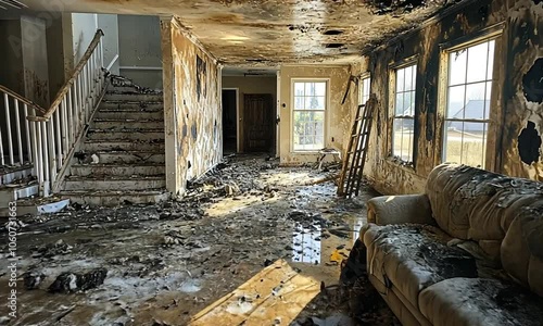 A burned interior of a house with damaged furniture and walls.