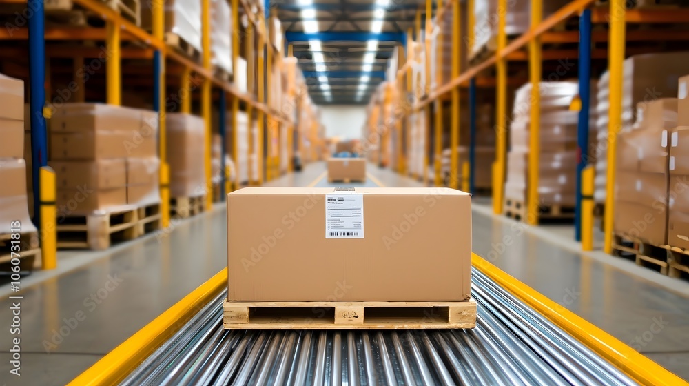 High-Tech Industrial Warehouse with Automated Machinery and Safety Protocols - Efficient Conveyor Belts Transporting Pallets in a Modern Logistics Environment High-Tech Industrial Warehouse with Automated Machinery and Safety Protocols - Efficient Conveyor Belts Transporting Pallets in a Modern Logistics Environment