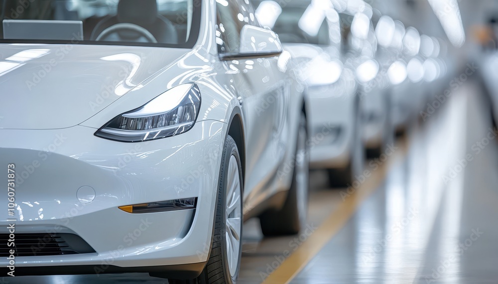Futuristic electric car factory showcases automated robotics on production line Futuristic electric car factory showcases automated robotics on production line