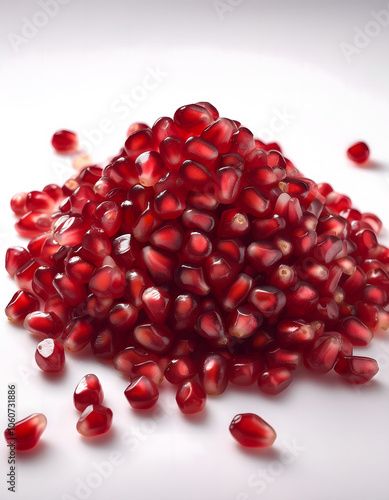 A bunch fruits of small red grains pomegranate seeds on white background.