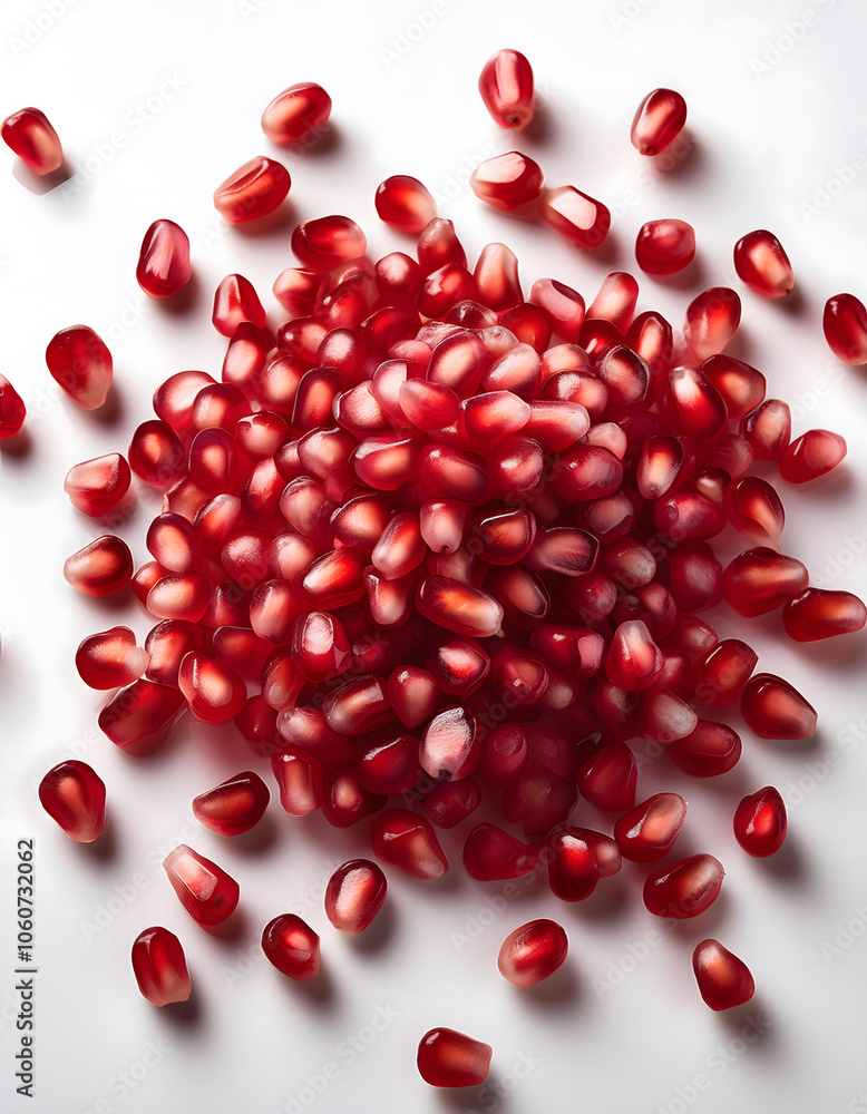 A bunch fruits of small red grains pomegranate seeds on white background. A bunch fruits of small red grains pomegranate seeds on white background.