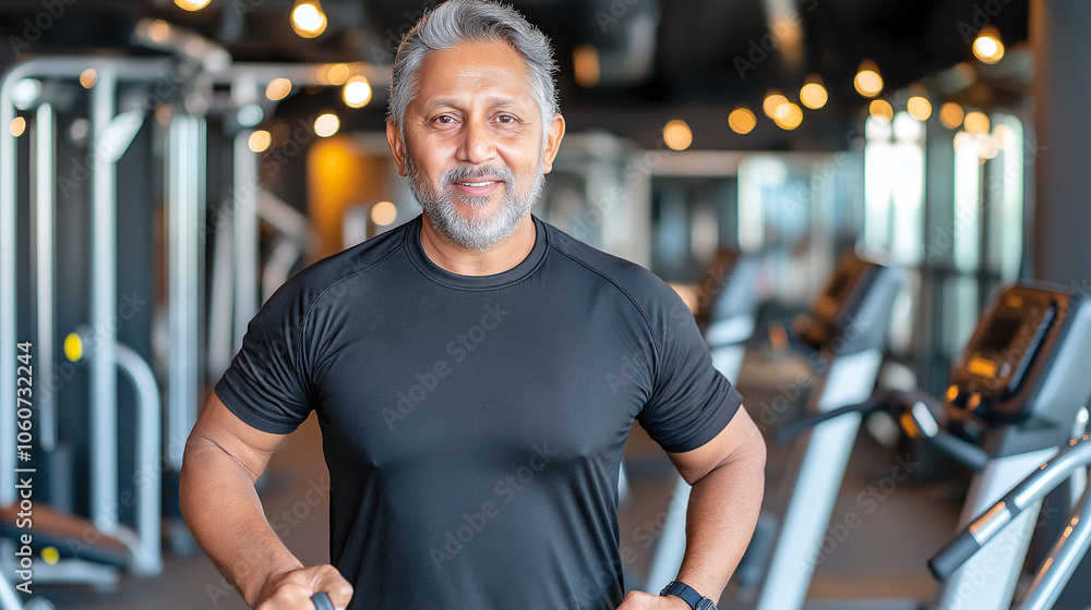 Fototapeta premium fit elderly man with gray hair and beard smiles confidently in modern gym, showcasing healthy lifestyle. His athletic attire and gym equipment in background emphasize fitness and well being