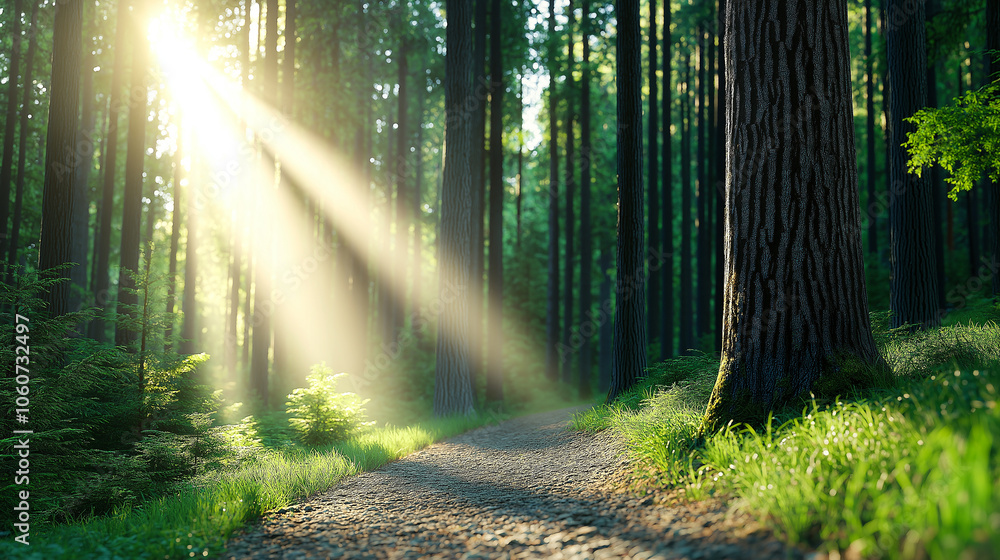 Naklejka premium serene forest scene featuring dirt road illuminated by sunlight filtering through tall trees, creating peaceful atmosphere