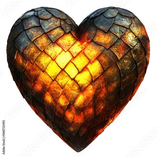 Fiery dragon heart with a radiant glow, detailed fantasy design showcasing scales and ember-like textures, set on a plain white background, ideal for magical or mythical themes, with room for text.