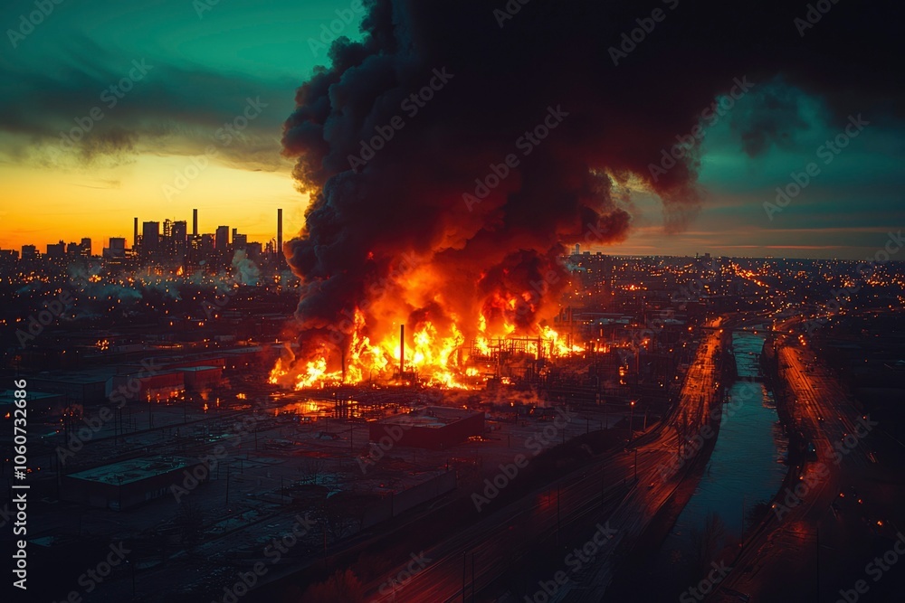 Aerial View of a Large Industrial Fire at Sunset Aerial View of a Large Industrial Fire at Sunset