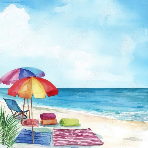 Colorful beach setup with umbrellas, towels, and a serene ocean view. photo